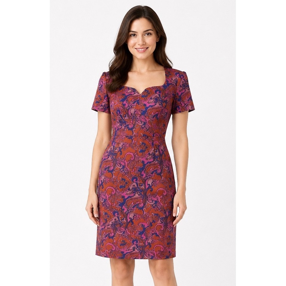 Trina Turk Paisley Jacquard Sheath Dress Orange Magenta Navy Blue Short Sleeve 4